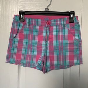 blue and pink plaid shorts